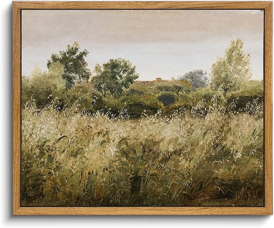 KBKBART Framed Canvas Wall Art, Vintage Meadow Landscape Wall Art Prints, Retro Country Wildflower Field Farmhouse Wall Decor Ready To Hang for Bedroom, Bathroom, Living Room, Kitchen, Vintage Room