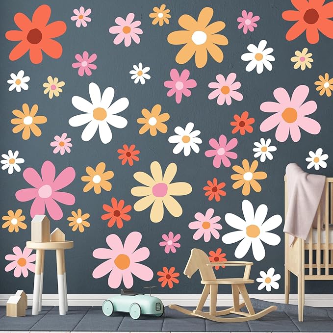 TaoBary 12 Sheet Daisy Wall Sticker Decal Removable Cute Daisy Bedroom Room Decor Flower Wall Sticker Pink White Flower Decal Wallpaper Peel and Stick for Nursery Home(Orange,Lovely Style)