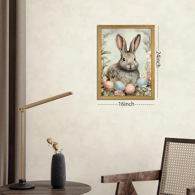 Easter Bunny Wall Art, Vintage Rabbit Canvas Wall Decor, Easter Eggs Poster Print Picture, Spring Farmhouse Animal Painting for Living Room Bedroom Kitchen Holiday Home Decor 16x24 Inch Wood Framed