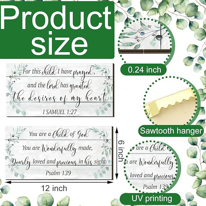 Yookeer 2 Pcs Wood Nursery Wall Decor for Girls Boys Baby Girl Room Decor Nursery Christian Wall Art This Child I Have Prayed Bible Quote Hanging Sign for Kids Home 12 x 6 Inch(Greenery)