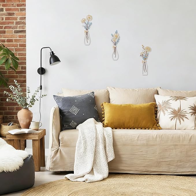 3-Piece Gold & Blue Boho Metal Flower Wall Decor- Minimalist Wire Floral Home Wall Art, Modern Wall Hanging Accents for Small Space, Hallway, Bathroom, Kitchen, Bedroom - Spring Housewarming Gifts