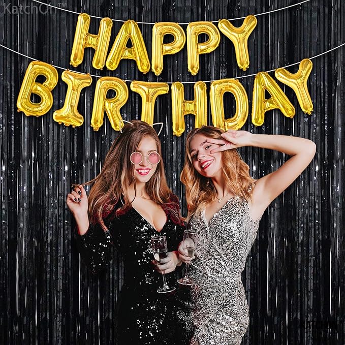 KatchOn XtraLarge Black Streamers - 3.2x8 Feet, Pack of 2 | Fringe Backdrop for Black Party Decorations | Tinsel Backdrop for Graduation Decorations 2026 | Black Streamers Party Decorations