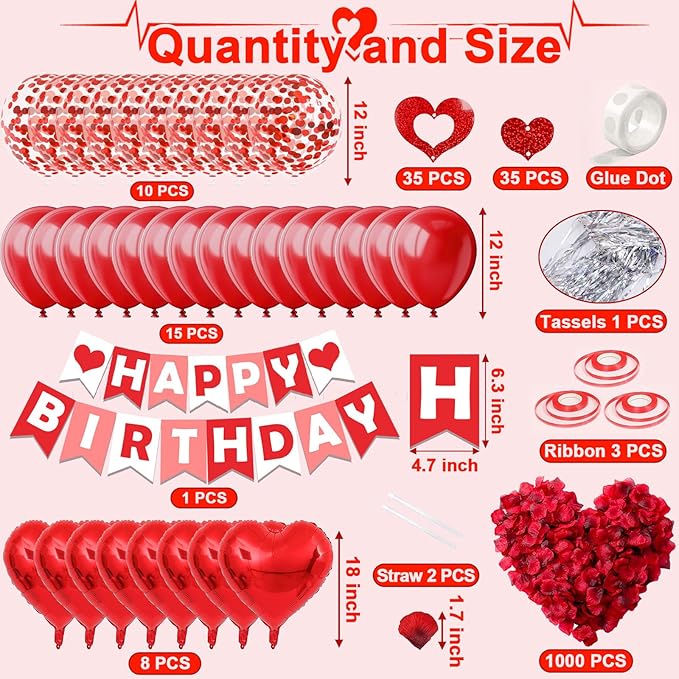 FECEDY Red Happy Birthday Banner Heart-Shaped Aluminum Foil Balloon Round Latex balloons Fake Petals Hanging Streamers for happy Birthday Party Decorations