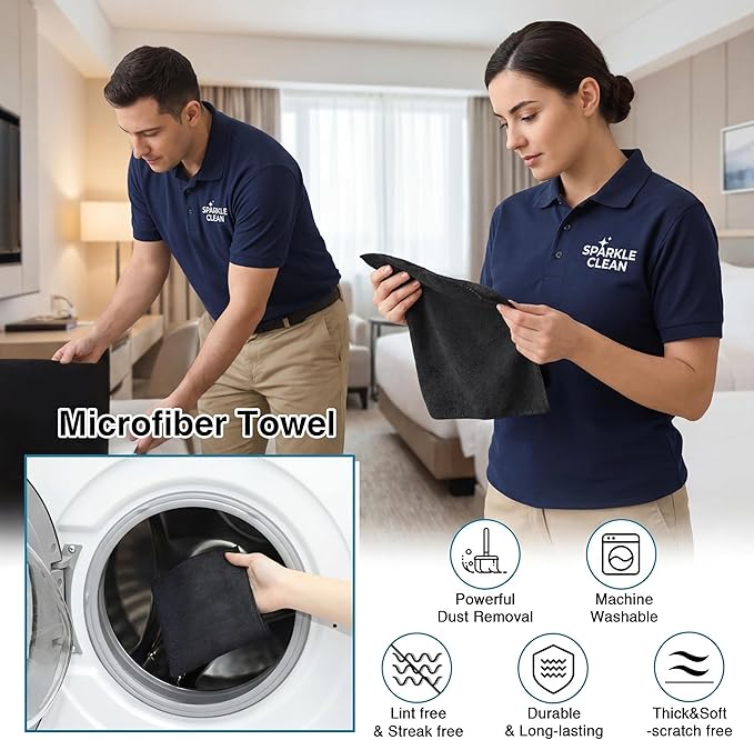 Macarrie 200 Pieces Microfiber Cleaning Cloths Bulk Absorbent Microfiber Towels Reusable Lint-Free Streak Free Wash Rags for House Kitchen Office Restaurants Bar Shop Car, 12 x 12 Inches (Black)