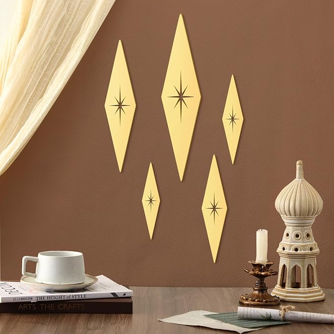 Yaocom 5 Pieces Mid Century Modern Decor Midcentury Vintage Style Gold Starburst Metal Wall Art Elegance Wall Accents Diamond Star Bursts Decor Vintage Home Decoration