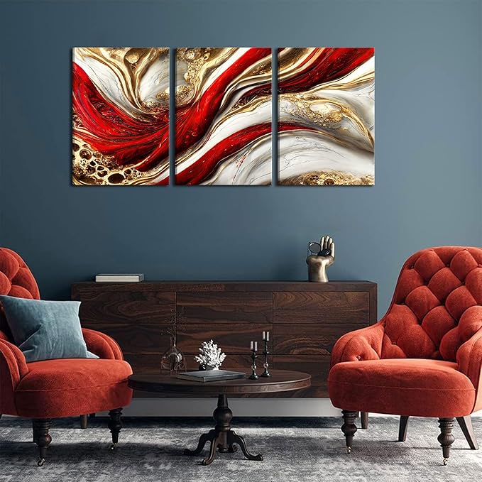 3Pcs Framed Red Gold Canvas Wall Art Abstract Marble Gilt Wall Decor Pictures Modern Red and Gold Paintings Prints Posters for Living Room Bedroom Office Home Decoration, Ready to Hang