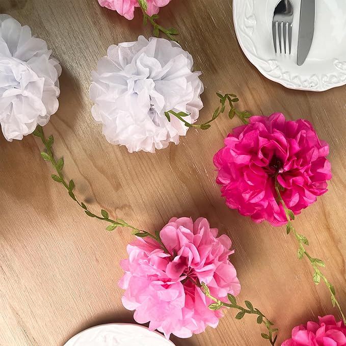Hot Pink White Party Decorations Ombre Pink White Tissue Paper Flowers Pom Pom Leaf Ribbon Hanging Streamer Garland for Women Girls Birthday Bachelorette Baby Shower Wedding Flamingo Party Supplies
