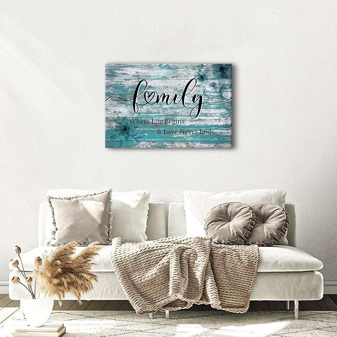 Farmhouse Family Canvas Wall Art Inspirational Signs Poster Where Life Begins Love Never Ends Teal Family Sign Picture Turquoise Painting Artwork for Kitchen Living Room Home Decoration 24x36"