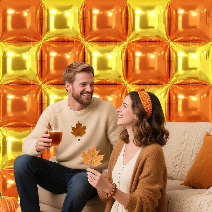 NISOCY 25PCS Orange Gold Square Foil Balloons Wall Backdrop Metallic Autumn Fall Balloons Tunnel Arch Kit for Thanksgiving Friendsgiving Birthday Halloween Baby Shower Fall Color Party Decorations