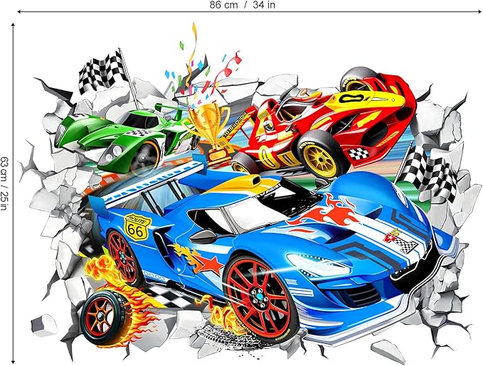 wondever Large 3D Racing Car Wall Stickers Vehicles Break Through Peel and Stick Wall Art Decals for Boys Room Kids Bedroom Playroom