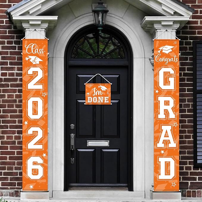 Moukeren 3 Pieces 2026 Graduation Party Decorations Graduation Porch Sign Class of 2026 Grad Hanging Porch Banner Backdrop Door Sign for Grad Party Home Door Wall Decor(Orange)
