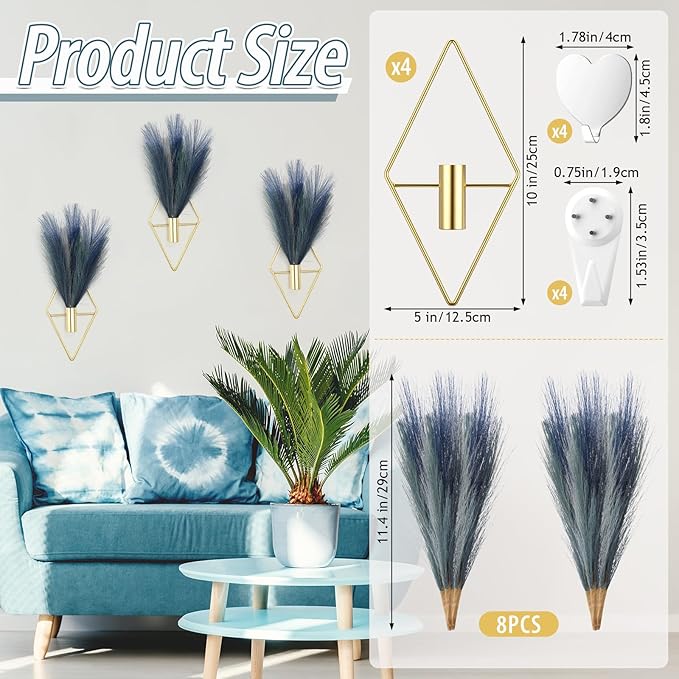 Hanaive 4 Sets Boho Wall Decor Metal Wall Art Hanging Planters with Artificial Pampas Display Modern Home Vase for Bedroom Home Office(Mazarine, Turquoise, Peacock Blue, Light Gray,Gradient Blue)