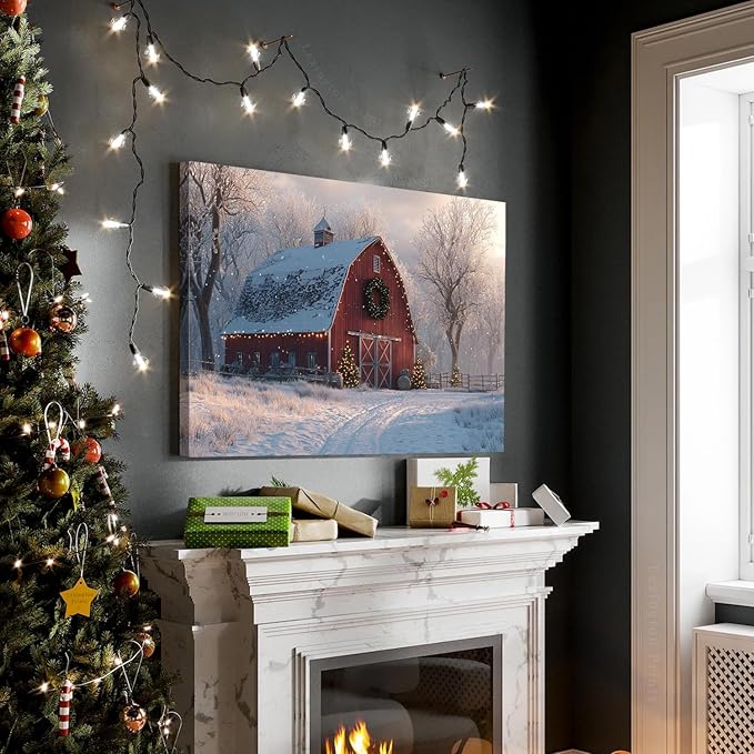 Christmas Farmhouse Canvas Wall Art Red Barn Poster Rustic Snow Country Pictures Wall Decor Winter Scenic Painting Artwork Christmas Tree Prints Picture for Kitchen Dining Room Home Decorations 16x24"