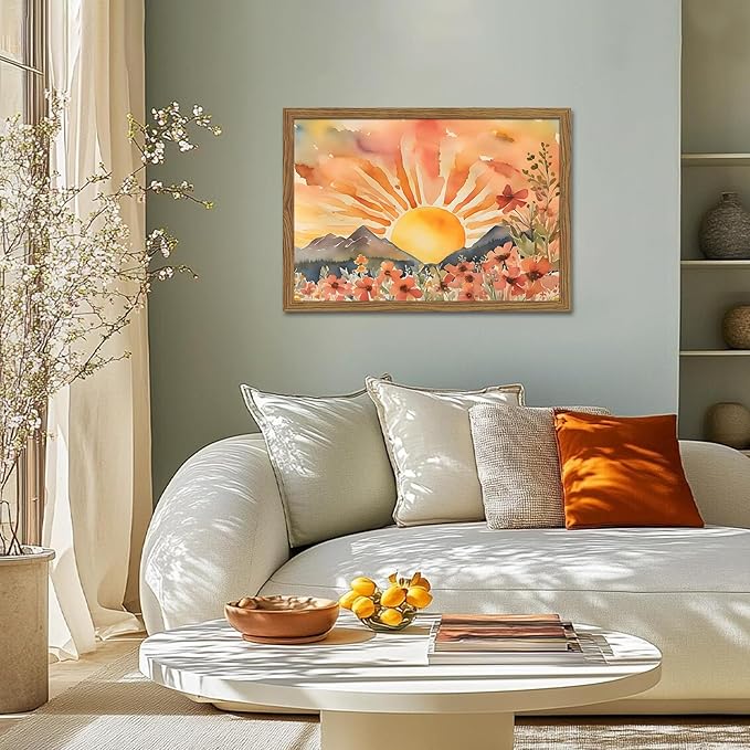 Framed Sunset Boho Wall Art for Living Room - Modern Abstract Floral Canvas Picture Boho Wall Decor, Sun Landscape Aesthetic Painting Poster Prints for Bedroom Home Office 16x24 inch