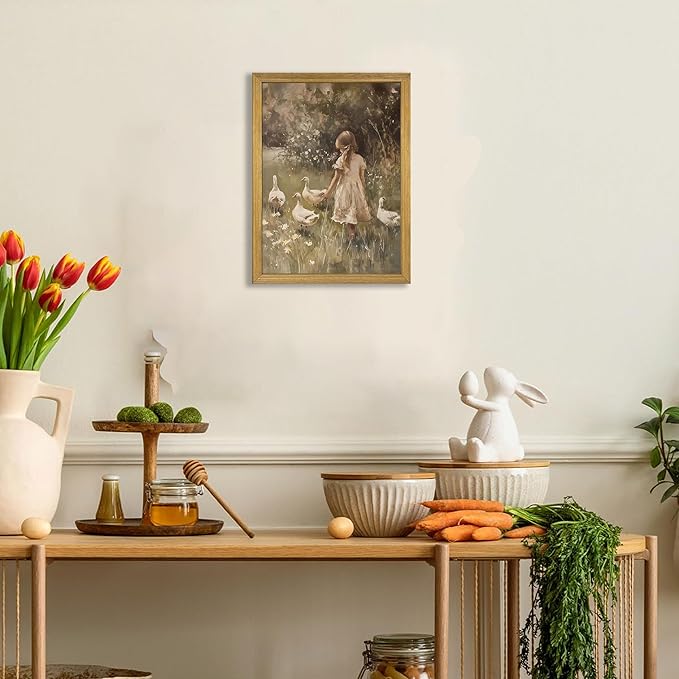 Wood Framed Canvas Wall Art, Vintage Girl with Ducks Painting Poster, Countryside Pastoral Landscape Print Picture, Rustic Farmhouse Wall Decor for Living Room Bedroom Nursery 12x16 inch