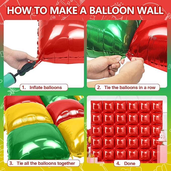 NISOCY 36PCS Red Green Gold Square Foil Balloons Wall Backdrop Double Sided Red Green Gold Balloons Arch Kit for Birthday Christmas New Year’s Graduation Anniversary Wedding Party Decorations
