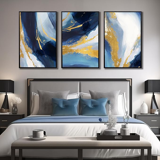 Abstract Wall Art for Living Room, Framed Canvas Wall-Decor for Bedroom, Blue White and Gold Picture Prints, Size 24 x 36 Inches 3-Pieces