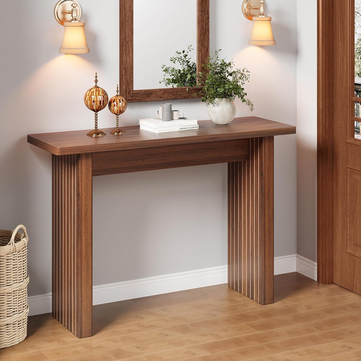 AVZEAR Mid Century Narrow Entryway Console Table, 43.3" Fluted Wood Couch Table Behind Sofa Long and Skinny for Living Room Hallway Entrance Foyer, Walnut
