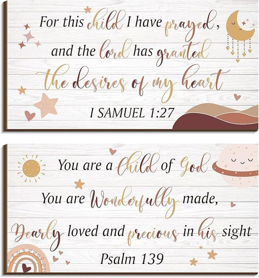 Yookeer 2 Pcs Wood Nursery Wall Decor for Girls Boys Baby Girl Room Decor Nursery Christian Wall Art This Child I Have Prayed Bible Quote Hanging Sign for Kids Home 12 x 6 Inch(Cute)