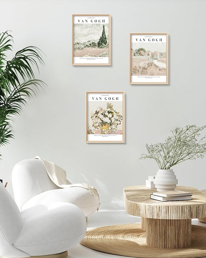 HesenDot Van Gogh High Framed Wall Art Set of 3, 12x16in Neutral Floral Canvas Prints, Abstract Landscape Artwork for Living Room Bedroom Gallery Office Home Décor
