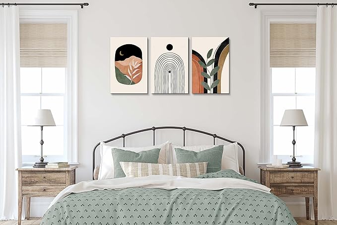 Boho Wall Art Prints Set of 3, Boho Wall Decor, Mid Century Modern Prints Sun Moon Leaf Mountain Canvas Wall Painting, Neutral Abstract Geometric Prints Canvas Artwork Prints for Bedroom Bathroom Living Room Office