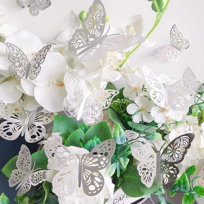 72 Pcs 3D Butterfly Wall Decor - 3 Styles, 3 Sizes, Silver, Wedding & Birthday Party Decorations