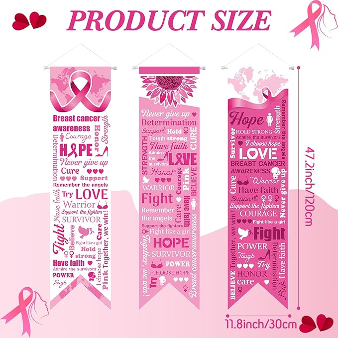 3 Pieces Breast Cancer Awareness Decorations Pink Ribbon Banners Porch Signs Awareness Ribbon Hanging Backdrops for Indoor Outdoor Breast Cancer Party Decor Supplies