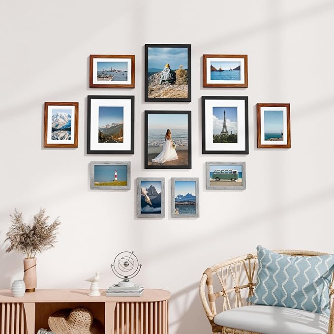 Vittanly 12 Pack Picture Frames Collage Wall Decor for Mounting or Tabletop Display, Gallery Wall Frame Set for Family, Multi Sizes Including 4pcs 8x10, 4pcs 5x7, 4pcs 4x6, Black & Walnut Brown & Grey
