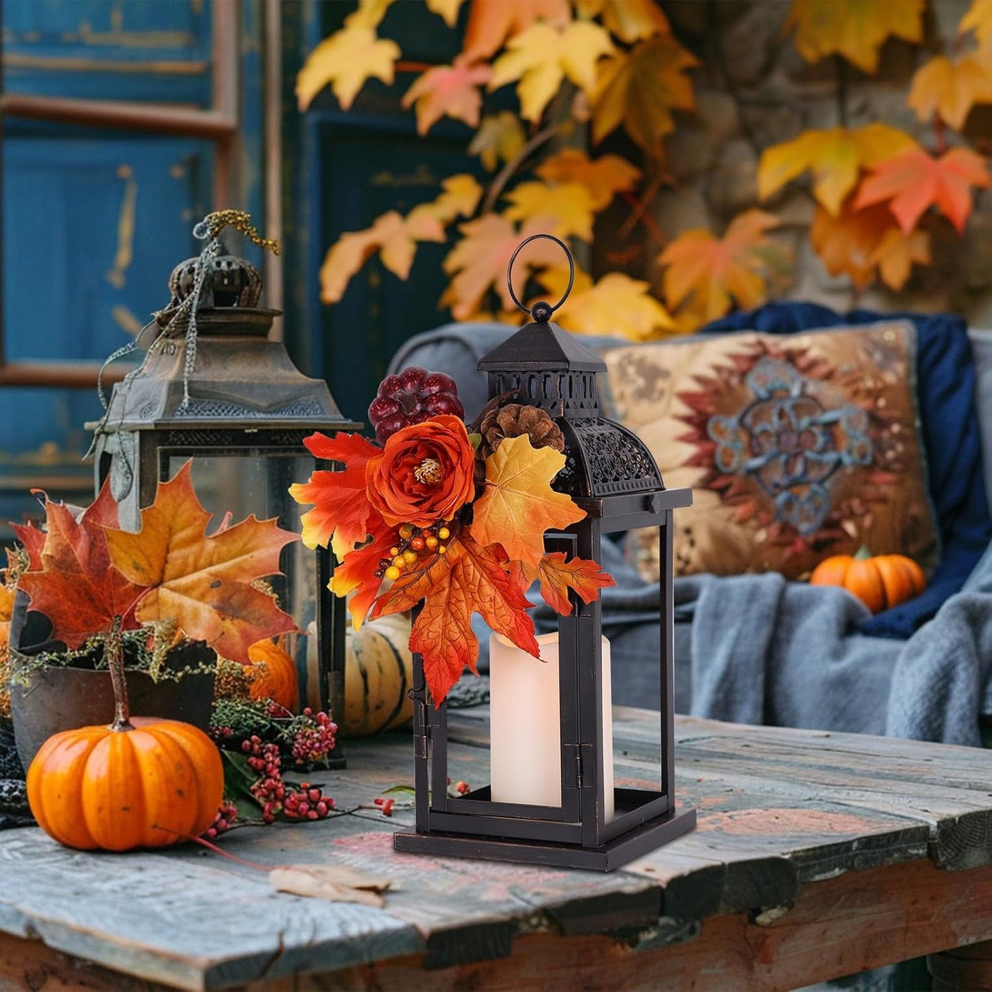 NEEDOMO Fall Decorations for Home, 15'' Fall Lantern Indoor Outdoor Thanksgiving Decor, Vintage Metal Hanging Candle Holders with Fall Teardrop Wreath and LED Candle for Patio, Porch, Table