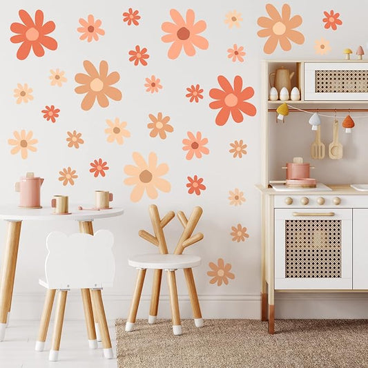 TaoBary 12 Sheet Daisy Wall Sticker Decal Removable Cute Daisy Bedroom Room Decor Flower Wall Sticker Pink White Flower Decal Wallpaper Peel and Stick for Nursery Home(Orange,Colorful Style)