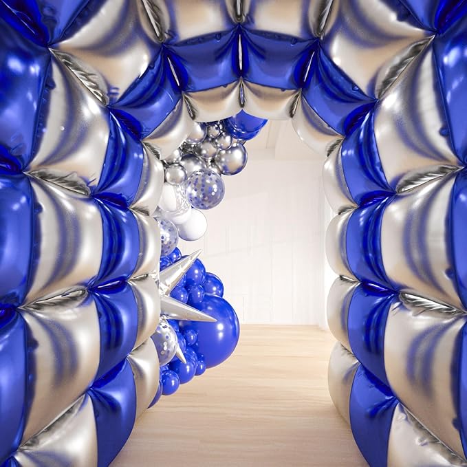 25pcs Blue and Silver Foil Square Balloon Backdrop Wall with 149pcs Royal Blue White Silver Balloons Arch, Double Sided Balloon Tunnel with Star Balloons for Graduation,New Year Party Decor