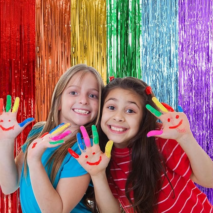 5 Pack Rainbow Party Backdrop Streamers Decorations Colorful Foil Fringe Curtains Metallic Tinsel Backdrop for Birthday First Day of School Engagement Baby Shower Christmas Holiday Party Decor