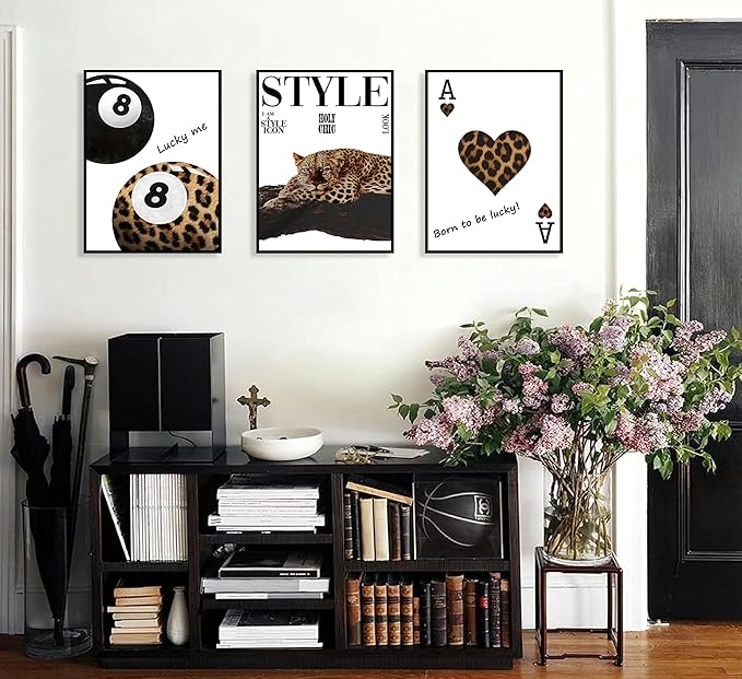 3Pcs Fashion Leopard Print Canvas Wall Art Cheetah Paintings Wall Decor Stylish Lucky 8 Ball Posters Prints College Style Room Aesthetic Pictures for Girls Bedroom Apartment Dorm Decoration Unframed