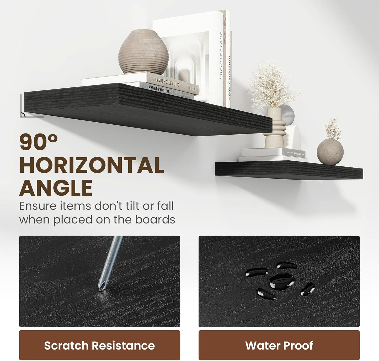 24 Inch Floating Shelves, 11.6 Inch Deep Floating Shelves for Wall, Floating Shelf with Invisible Brackets, Deep Shelves for Bathroom, Bedroom, Living Room, 2 Pack, Black