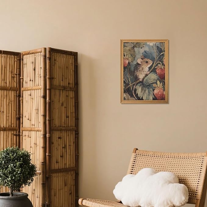 3D Textured Framed Vintage Mouse Wall Art, Whimsical Cottagecore Animal Wall Decor Painting, Rustic Farmhouse Forest Sandstone Artwork Picture for Nursery Living Room Bedroom 16x24 Inch