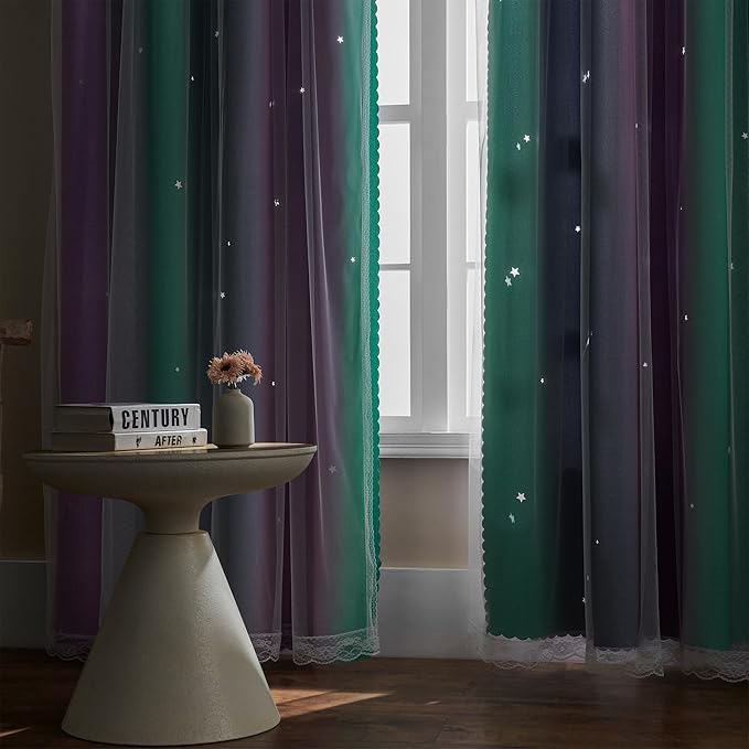 XiDi Curtains for Bedroom Decor, Rainbow Purplgreen grey34/45