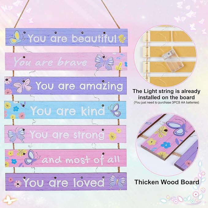 FIOBEE Girls Room Décor for Teen Girls Boys with LED Light Wall Decor for Bedroom Motivational Inspirational Wall Art Girl Room Decoration for Kids Studyroom, 8 Kinds of Lights, Purple Butterfly