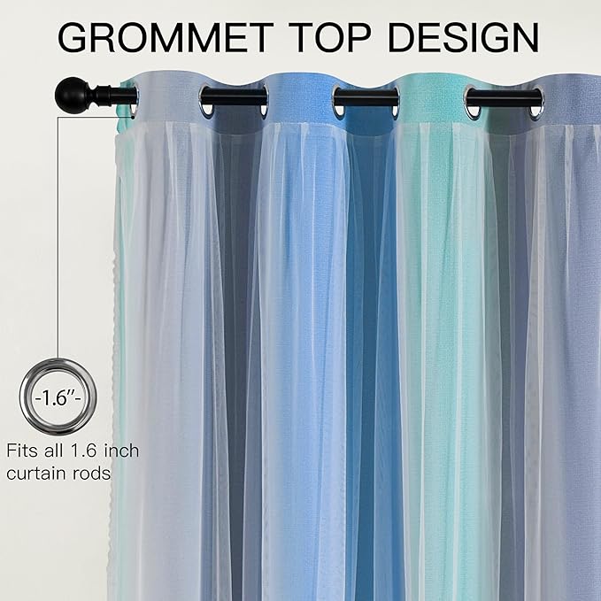 XiDi Blue Green Grey Blackout Curtains 63 Inches Long for Living Room Bedroom 2 Panels Double Layer Curtains Rainbow Kids Grommet Window Drapes for Nursery Princess Unicorn Wall Decals 34 Inches Wide
