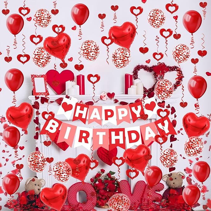 FECEDY Red Happy Birthday Banner Heart-Shaped Aluminum Foil Balloon Round Latex balloons Fake Petals Hanging Streamers for happy Birthday Party Decorations