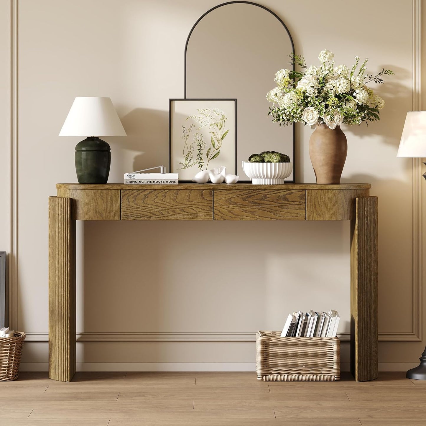 55" Sofa Table with Oval Top and 2 Drawers, Entryway Console Table with Fluted Design for Hallway,Foyer,Entry and Living Room (Fully Assembled-Pine Wood)