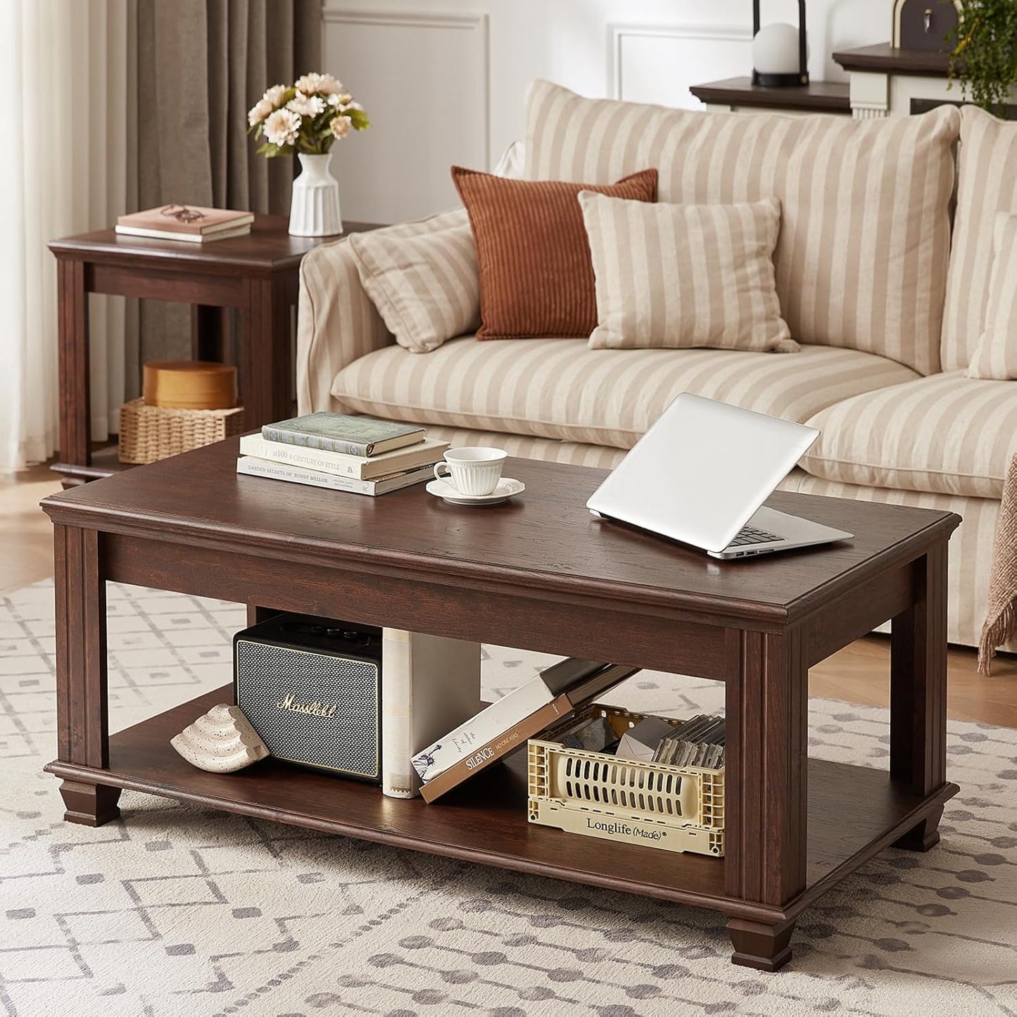Farmhouse Coffee Tables for Living Room,Square Living Room Tables with Open Storage Shelf,Large Modern Coffee Table,Rustic Brown Center Table,Walnut