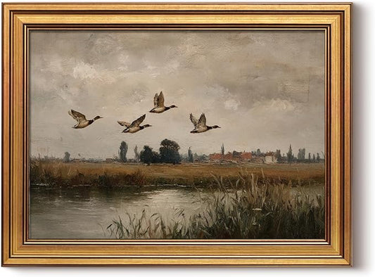 InSimSea Gold Framed Canvas Prints Wall Art, Vintage Bedroom Decor, Flying Ducks Landscape Paintings Farmhouse Wall Decor, Rustic Countryside Pictures for Living Room Shelf, 12x16inch