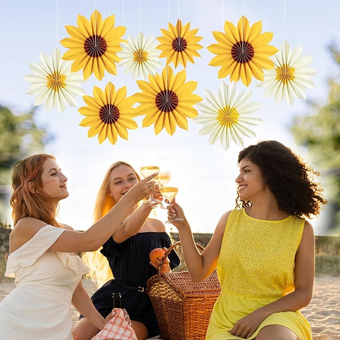 EASY JOY 9PCS Sunflower Party Decorations Sunflower Paper Fans Yellow Birthday Decorations Hanging Paper Flower Fan for Women for Summer Baby Shower Bulletin Board Decorations