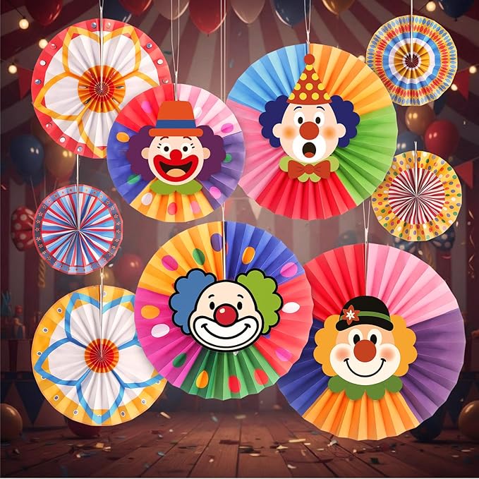 Outus 13 Pcs Carnival Party Decoration Set Hanging Circus Theme Party Ceiling Classroom Decorations with Clown Face Cutouts Carnival Circus Hanging Paper Fans Decor Birthday Favor Supply