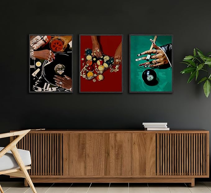 JWDXNOOK 3pcs Fashion Feminine Wall Art Funky Retro Music Wall Decor Fashion Hands Print DJ and Black billiard 8Theme Triptych Paintings Poster for Game Room Bar Living Room Bedroom Decor Unframed