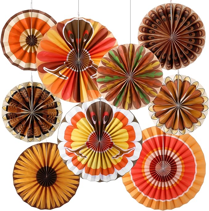 Outus 9 Pcs Thanksgiving Party Decorations Paper Fans Hanging Turkeys Thanksgiving Birthday Decorations Turkey Maple Leaves Hanging Ceiling Decor Fall Autumn Birthday Wedding Party Classroom Office
