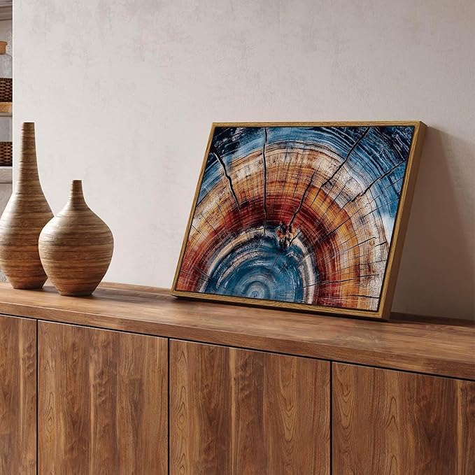 BingruiArt Framed Tree Ring Wall Art Blue and Red Boho Wall Decor Nature Print Wood Canvas Rustic Artwork Abstract Painting Modern Picture for Living Room Bedroom Bathroom 12"x16" Natural Framed(01)