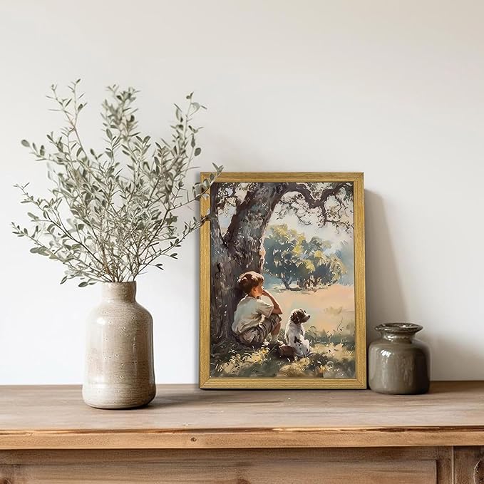 Wood Framed Canvas Wall Art, Vintage Boy and Dog Painting Poster, Countryside Pastoral Landscape Print Picture, Rustic Farmhouse Wall Decor for Living Room Bedroom Nursery 16x24 inch