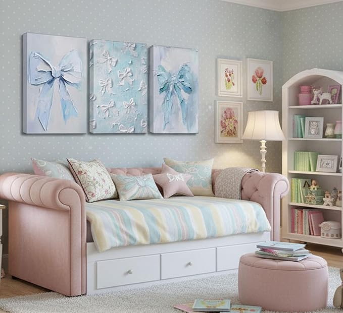 3Pcs Trendy Blue Bow Canvas Wall Art Vintage Cute Preppy Watercolor Bow Painting Pictures Wall Decor Posters Prints Girly Aesthetic for College Apartment Bedroom Decoration