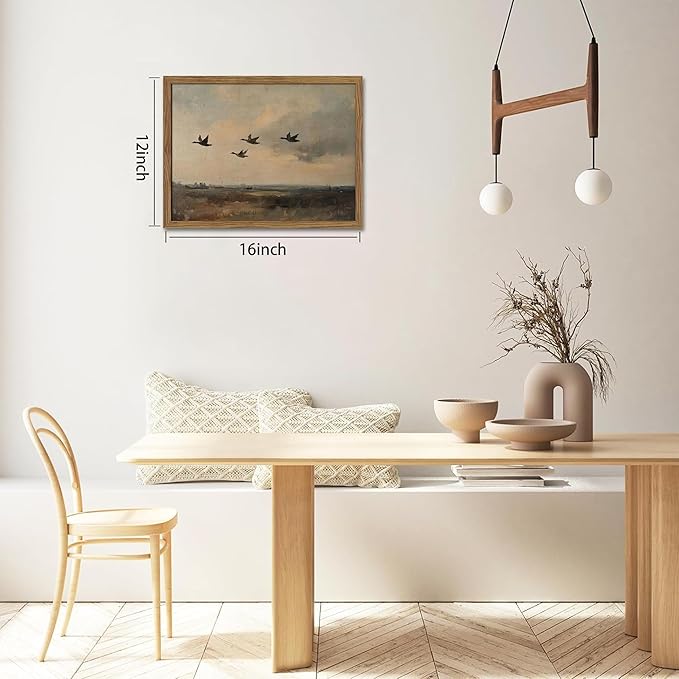 Framed Flying Ducks Canvas Wall Art, Rustic Countryside Landscape Painting, Vintage Birds Poster Print, Modern Farmhouse Ducks Wall Decor for Living Room Bedroom – 12x16 inch